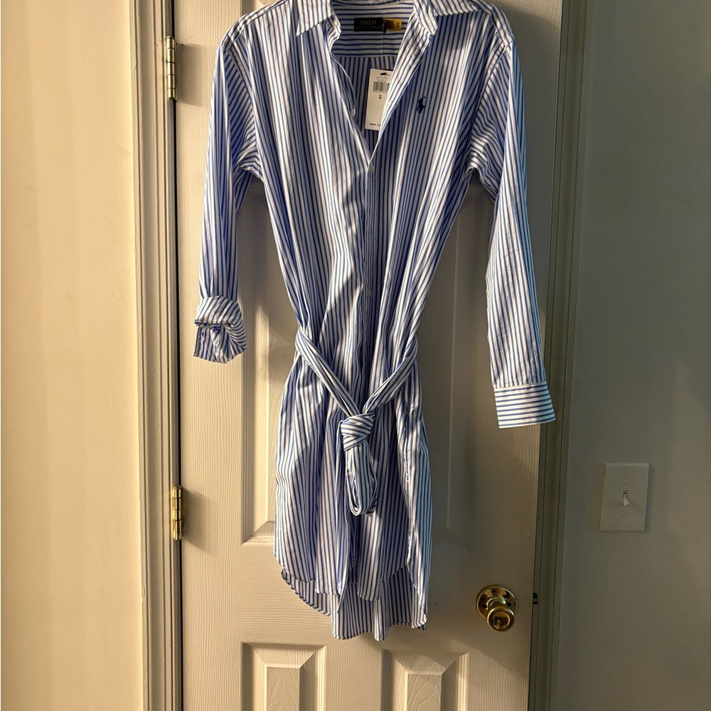 Polo by Ralph Lauren Blue and White Buttoned Tie Front Dress